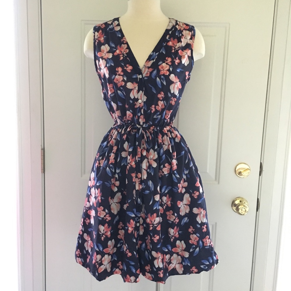 GAP Blue/Pink Floral Button Up Tie Waist Dress
